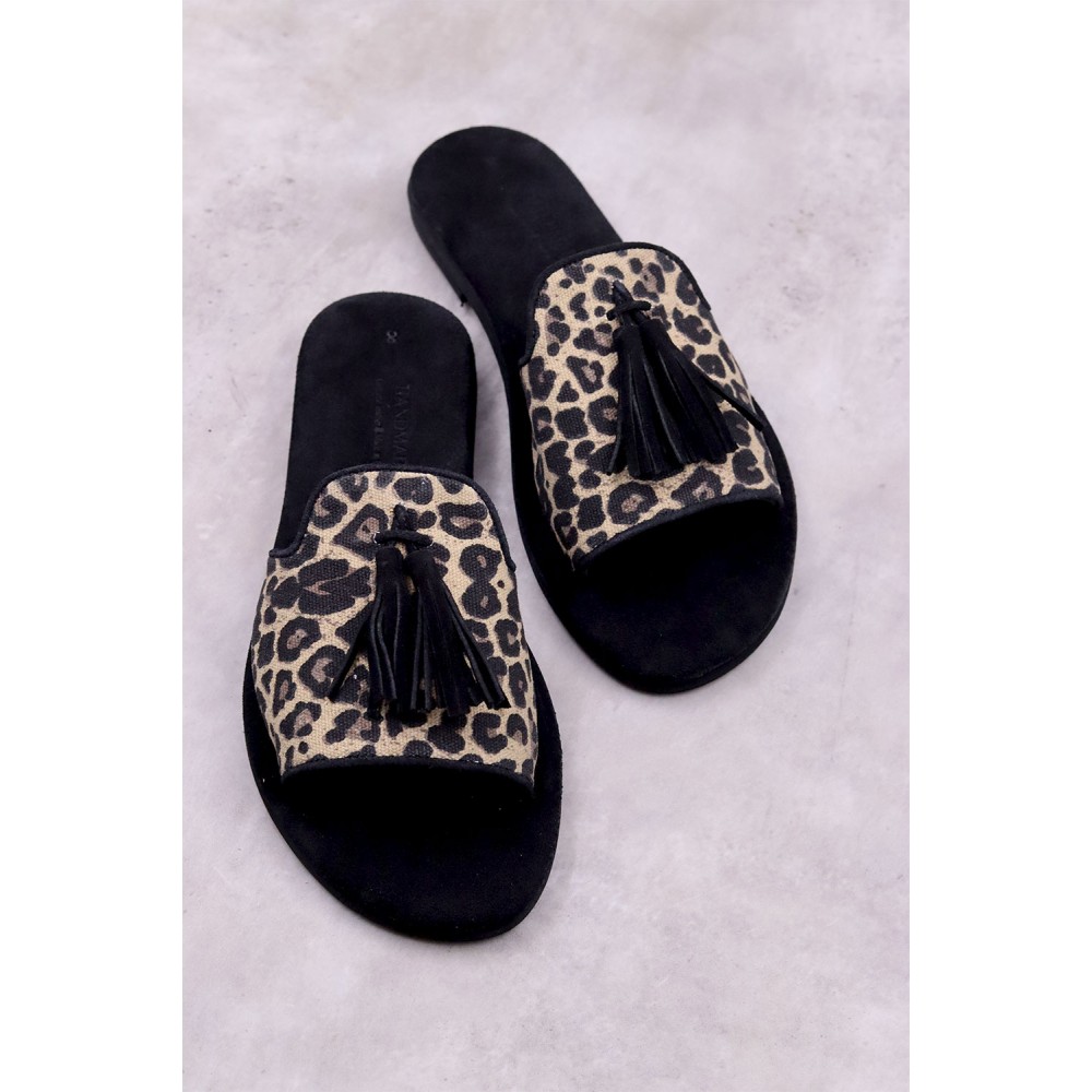 99450 Leopard Black Γυναικεία ανατομικά σανδάλια.